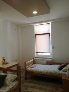 um quarto com 2 camas e uma janela em Apartmani Maja Zrenjanin em Zrenjanin
