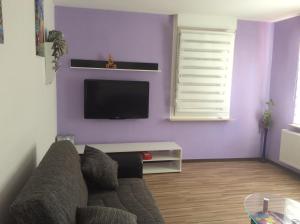 sala de estar con sofá y TV en una pared púrpura en URS Ferienwohnung Wertheim, en Wertheim
