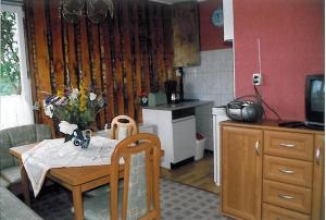 una pequeña cocina con mesa y una cocina con mesa y cocina en Ferienhaus "Eierkuchen" en Lindig