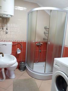 a bathroom with a shower with a toilet and a sink at Apartmani Jovanovic in Perućac