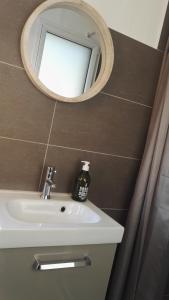 ein Badezimmer mit Waschbecken und Spiegel in der Unterkunft Le Cottage de la Doucette in Paimpont + 37 Fotos