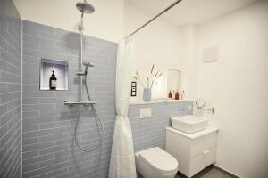 a bathroom with a shower and a toilet and a sink at Villa Azure I in Fehmarn