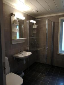 a bathroom with a sink and a shower and a toilet at Dombåstun in Dombås