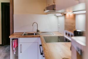 a kitchen with a sink and a counter top at Appartementhaus Barbara in Döbriach