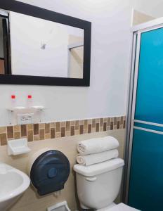ein Badezimmer mit einem WC, einem Waschbecken und einem Spiegel in der Unterkunft Hotel Quinta Avenida in Medellín