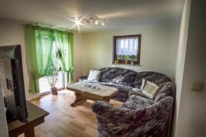 ein Wohnzimmer mit einem Sofa und einem Couchtisch in der Unterkunft Ferienwohnung in der Telle in Schmalkalden
