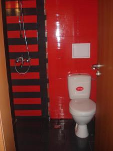 een badkamer met een toilet en een rode muur bij Villa Rouge in Sozopol