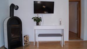 a room with a fireplace and a chair and a stove at Ferienwohnung Julius in Innsbruck