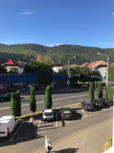 uma rua com carros estacionados num parque de estacionamento em Tourist Apartment 1 em Piatra Neamţ