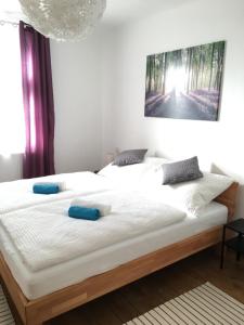 sypialnia z łóżkiem z 2 niebieskimi poduszkami w obiekcie Ferienhaus Karoline w mieście Pulkau