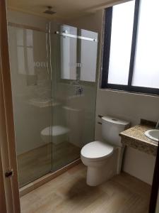 La salle de bains est pourvue de toilettes et d'une douche en verre. dans l'établissement Hotel Siesta del Sur, à Mexico