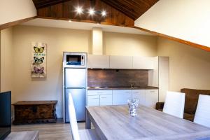 cocina con mesa de madera y nevera en Apartamentos Casa Ríos, en Biescas