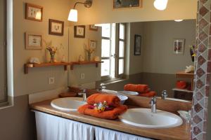 a bathroom with two sinks and a large mirror at Domaine de Manteau-Bleu in Béziers