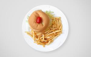 a white plate with a sandwich and french fries at Mengo Palace Hotel in Rio de Janeiro