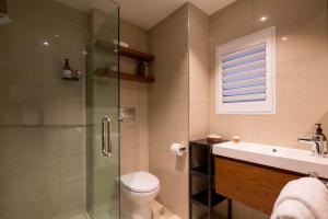 a bathroom with a shower and a toilet and a sink at 21 Lakefront by Amazing Accom in Queenstown +7 photos