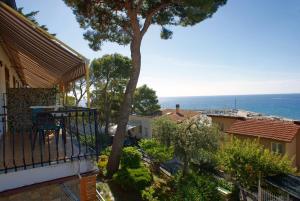 a balcony with a tree and a view of the ocean at Albergo La Pineta in Marina di Andora +35 photos