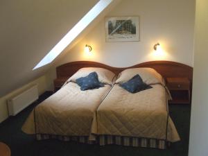 a bedroom with a bed with two blue pillows at Hotel Saol in Krynica Zdrój