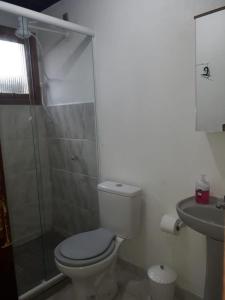a bathroom with a toilet and a shower and a sink at Apto Jk em Cachoeirinha in Cachoeirinha