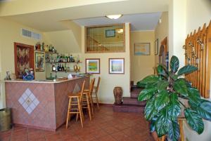 a room with a bar with stools and a plant at Albergo La Pineta in Marina di Andora