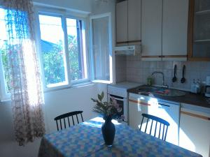 a kitchen with a table with a vase of flowers on it at Apartments Prisnac in Pakoštane