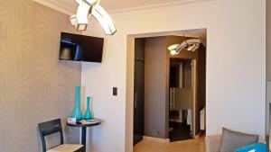 a living room with a television and a mirror at Belrom Hotel in Sint-Truiden