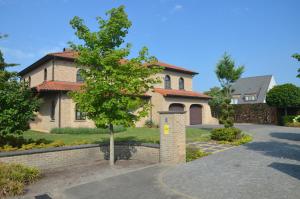 a house with a tree in front of a driveway at B&B Serenity in Pelt