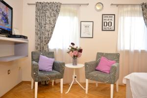 ein Wohnzimmer mit 2 Stühlen und einem Tisch mit Blumen in der Unterkunft Apartment Filip in Kotor