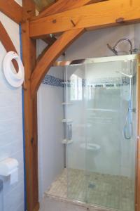a shower with a glass door in a bathroom at Le Campagnol in Saint-Justin