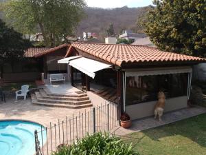 um cão sentado num gazebo ao lado de uma piscina em La Soñada em Salta