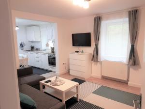 a small living room with a couch and a tv at Luxury Apartment in Ramingstein