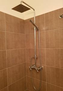 a shower in a bathroom with brown tile at Casa Da Ponte in Estói +27 photos