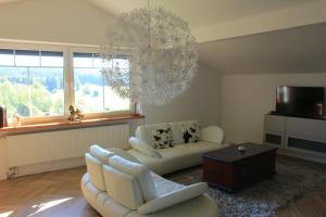 sala de estar con 2 sofás blancos y TV en Friedrichsruh 2 en Waldershof