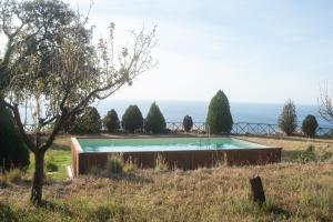 a swimming pool in a field with the ocean in the background at Sopra il Limoneto in Cetara