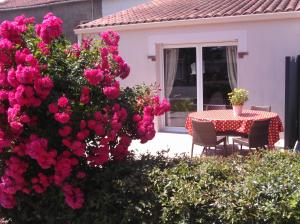 a table and chairs and pink flowers in front of a house at Gîte le logis in Mouchamps