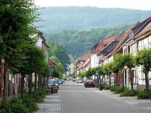 a street in a town with buildings and cars at Ferienapartment ''Zum Stollenkönig'' in Neustadt/Harz