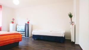 デュッセルドルフにあるAVI City Apartments BismarckHouseのベッド2台とテレビが備わる客室です。