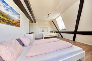 エッテンハイムにあるWohnung 2 - nur 5 Fahrminuten vom Europaparkのベッドルーム1室(ピンクの枕が付いたベッド1台付)