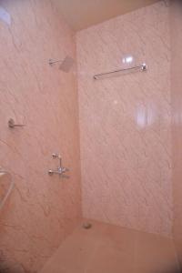 baño con ducha con pared de color rosa en Sushegad Holiday Homes, en Ratnagiri