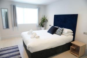 a bedroom with a large bed with a blue headboard at Saltwater Suites at Fistral in Newquay