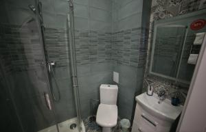 uma casa de banho com um chuveiro, um WC e um lavatório. em Del Rey Comfort em Lviv