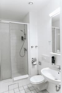 a bathroom with a shower and a toilet and a sink at Hotel "Helle Mitte" Berlin in Berlin