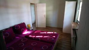 een woonkamer met een paarse bank met verlichting bij Ferienwohnung Am Atelier in Rathenow