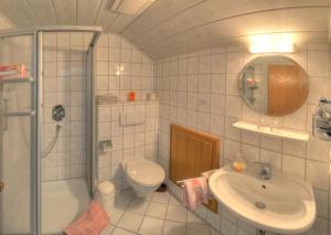 a bathroom with a shower toilet and a sink at Landhotel Gasthof zur Post in Winterberg +32 photos