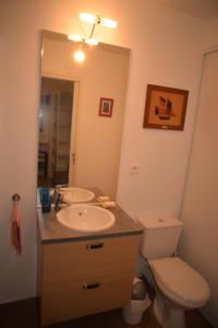 ein Badezimmer mit Waschbecken, Toilette und Spiegel in der Unterkunft La Victoire in Granville + 65 Fotos