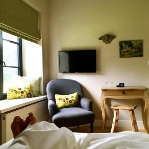 a bedroom with a chair and a desk and a television at B&B La Gotale in Manhay