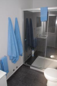 a bathroom with a shower with blue towels at Pine Tree Villa in Cascais