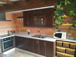 a kitchen with wooden cabinets and a sink and a microwave at Casa Daniel in Costa Teguise