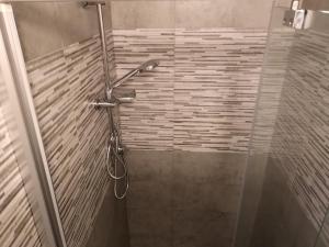 W łazience znajduje się prysznic ze szklanymi drzwiami. w obiekcie Appartamento Le Cicale w mieście Ferrara