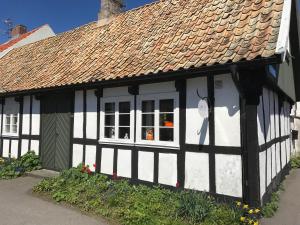 a black and white building with a brown roof at Elins Lycka i Viken in Viken