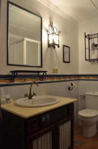 a bathroom with a sink and a mirror and a toilet at Hotel Rural La Paloma in Villanueva de Tapia